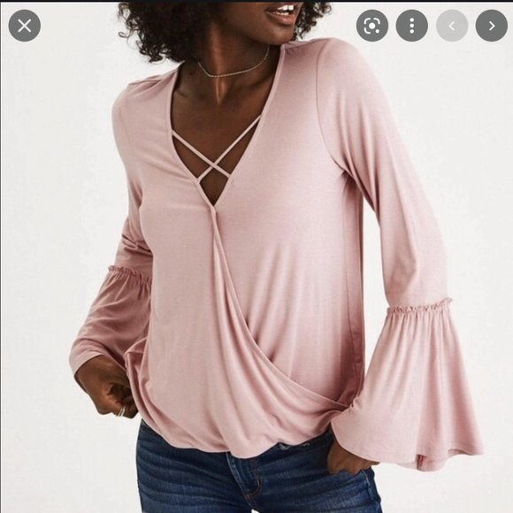 AMERICAN EAGLE bell sleeve surplice flowy top - Picture 1 of 6